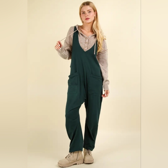 Black Solid Front Ribbon Detail Baggy Jumpsuit main image 1